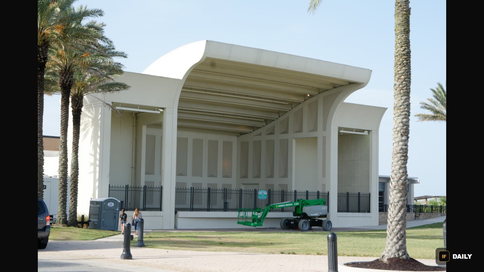 A public pavilion in Jacksonville Beach, Florida, lined with palm trees