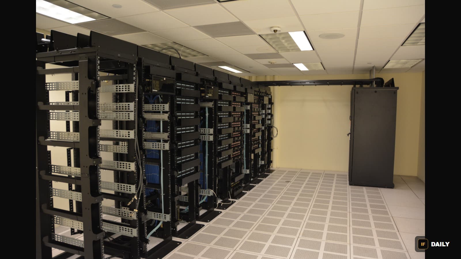 Rows of server racks inside a data center