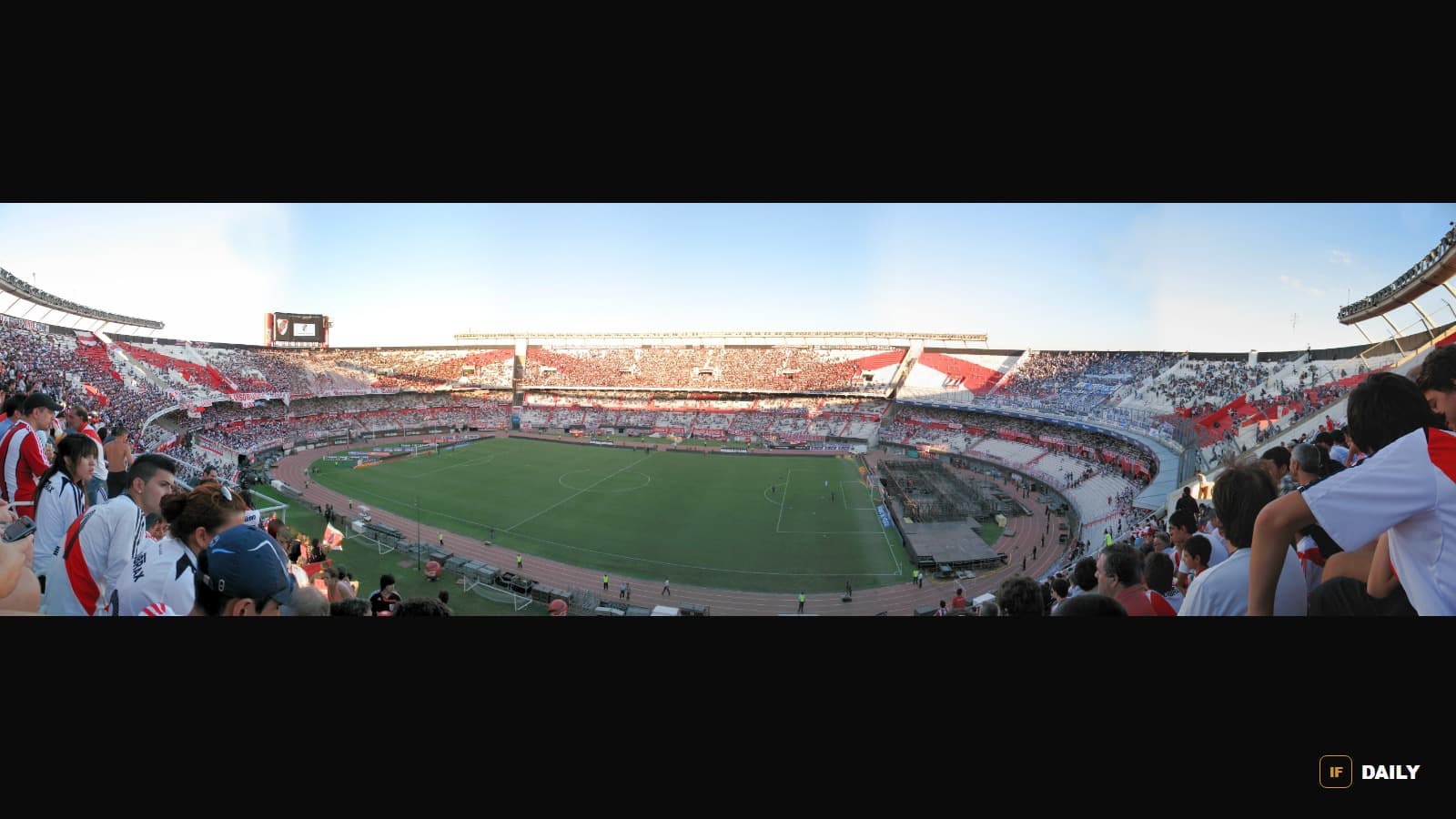 Panoramic view of a packed Estadio Monumental, River Plate's home stadium in Buenos Aires