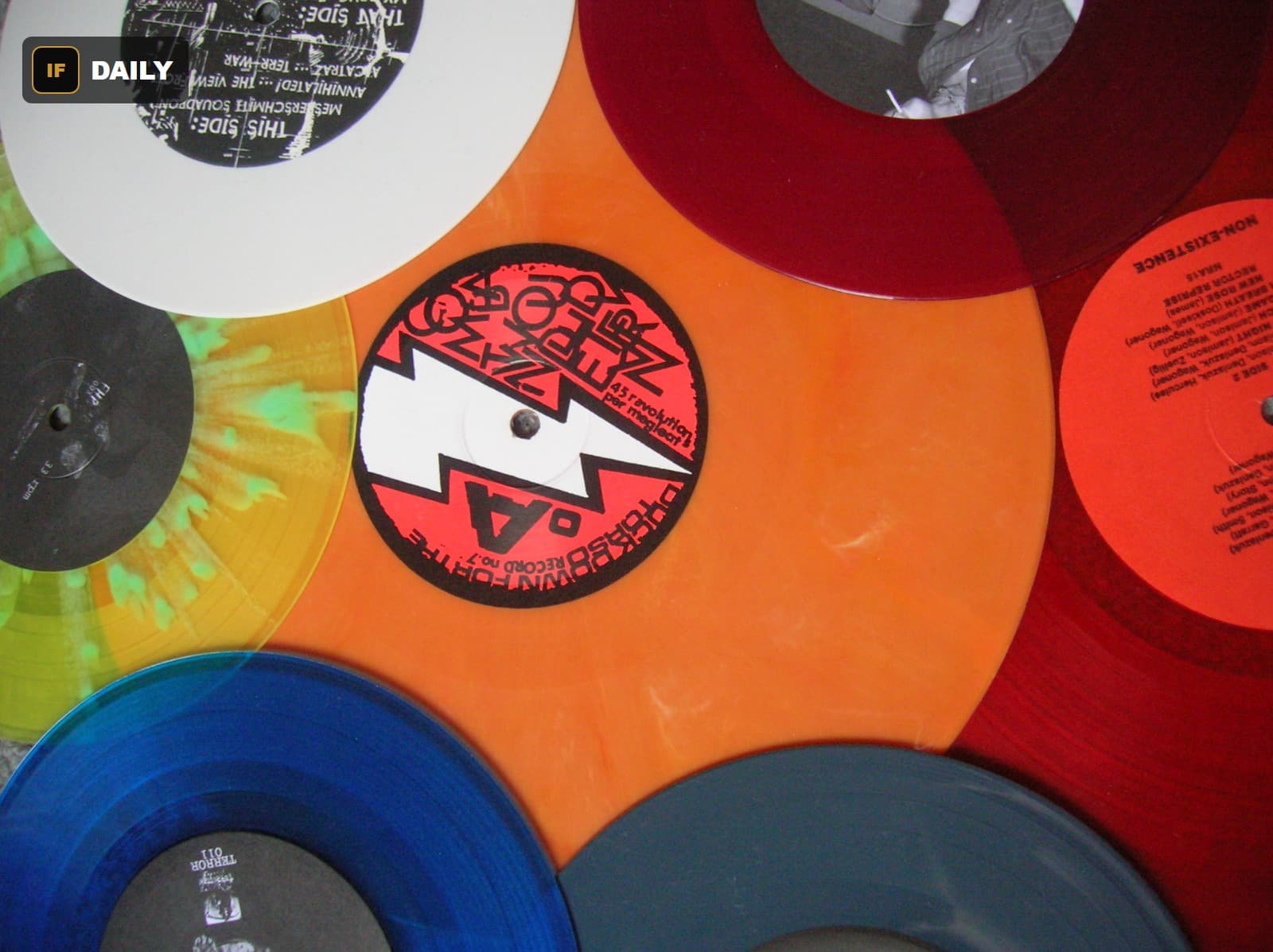 A colorful stack of vinyl records