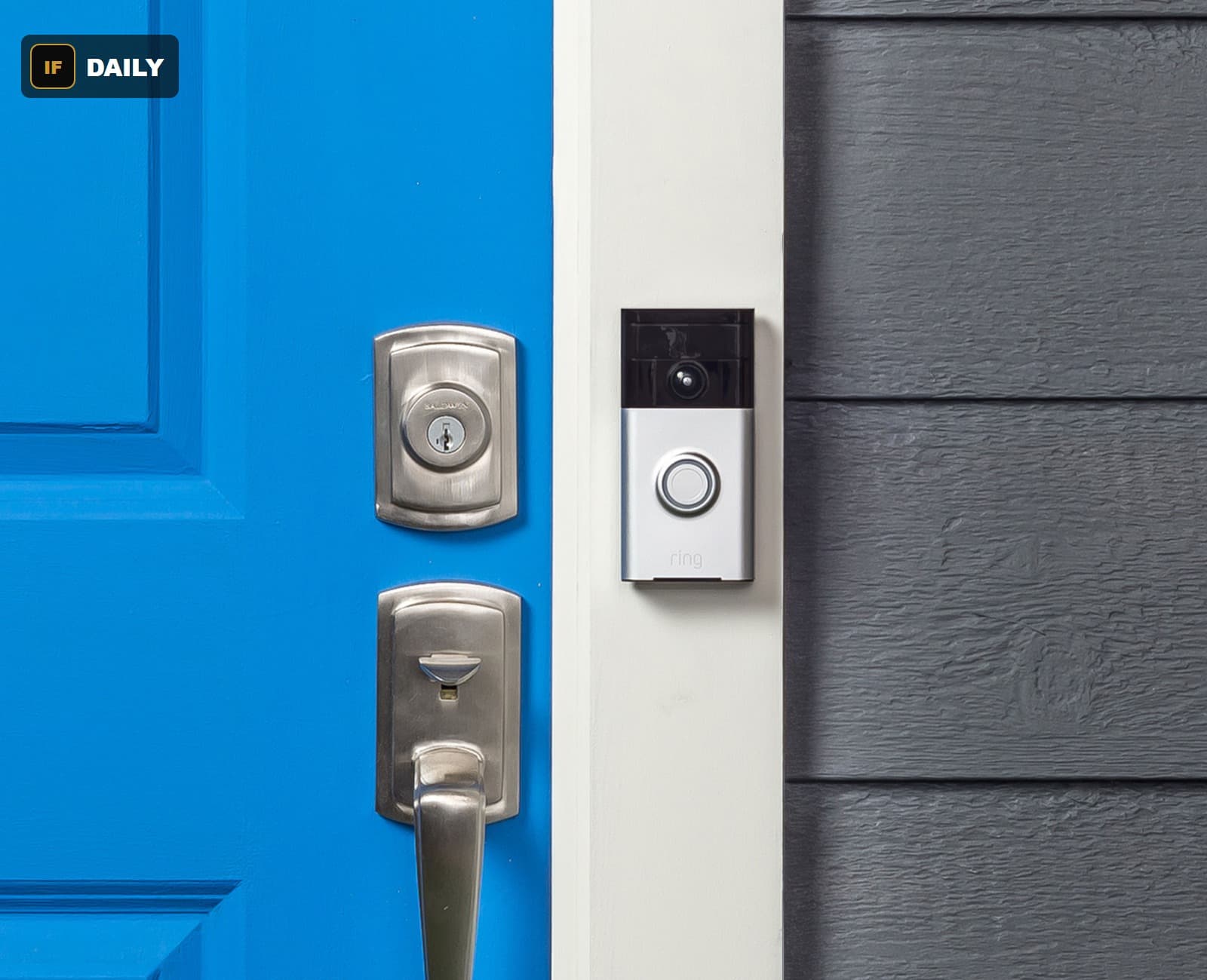A video doorbell camera mounted beside a front door