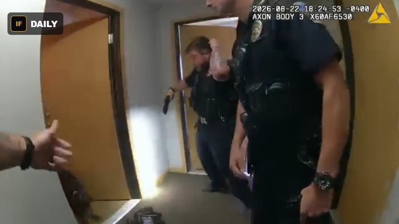 Officers move through a hallway toward the residence, body camera footage, August 22, 2026