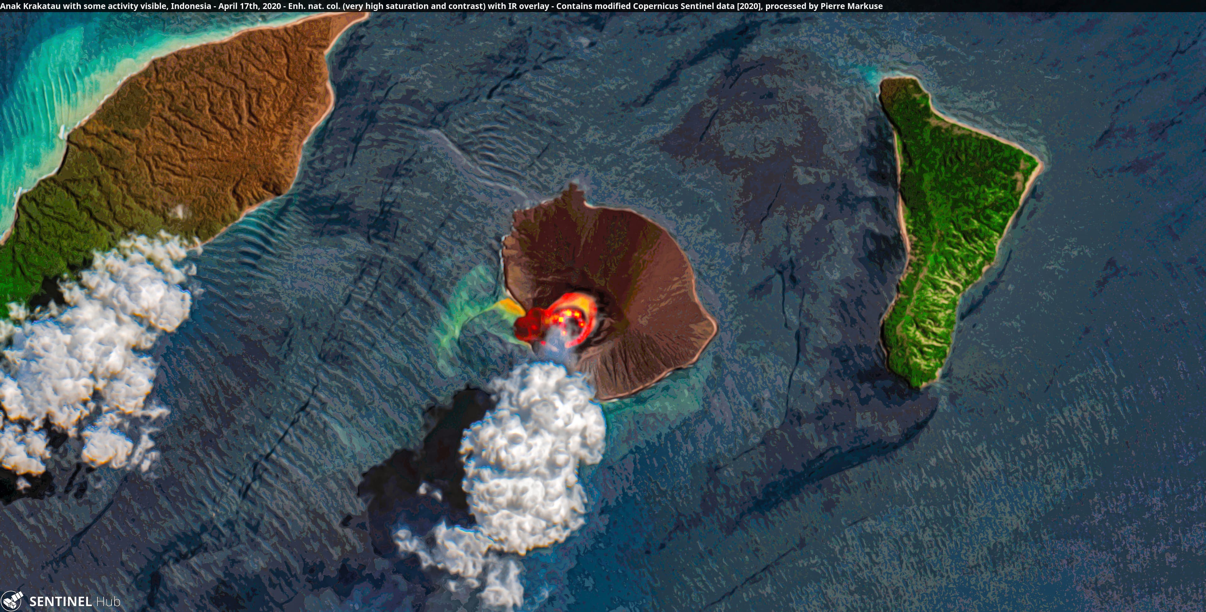 Satellite imagery showing Anak Krakatau erupting with visible lava and ash plume