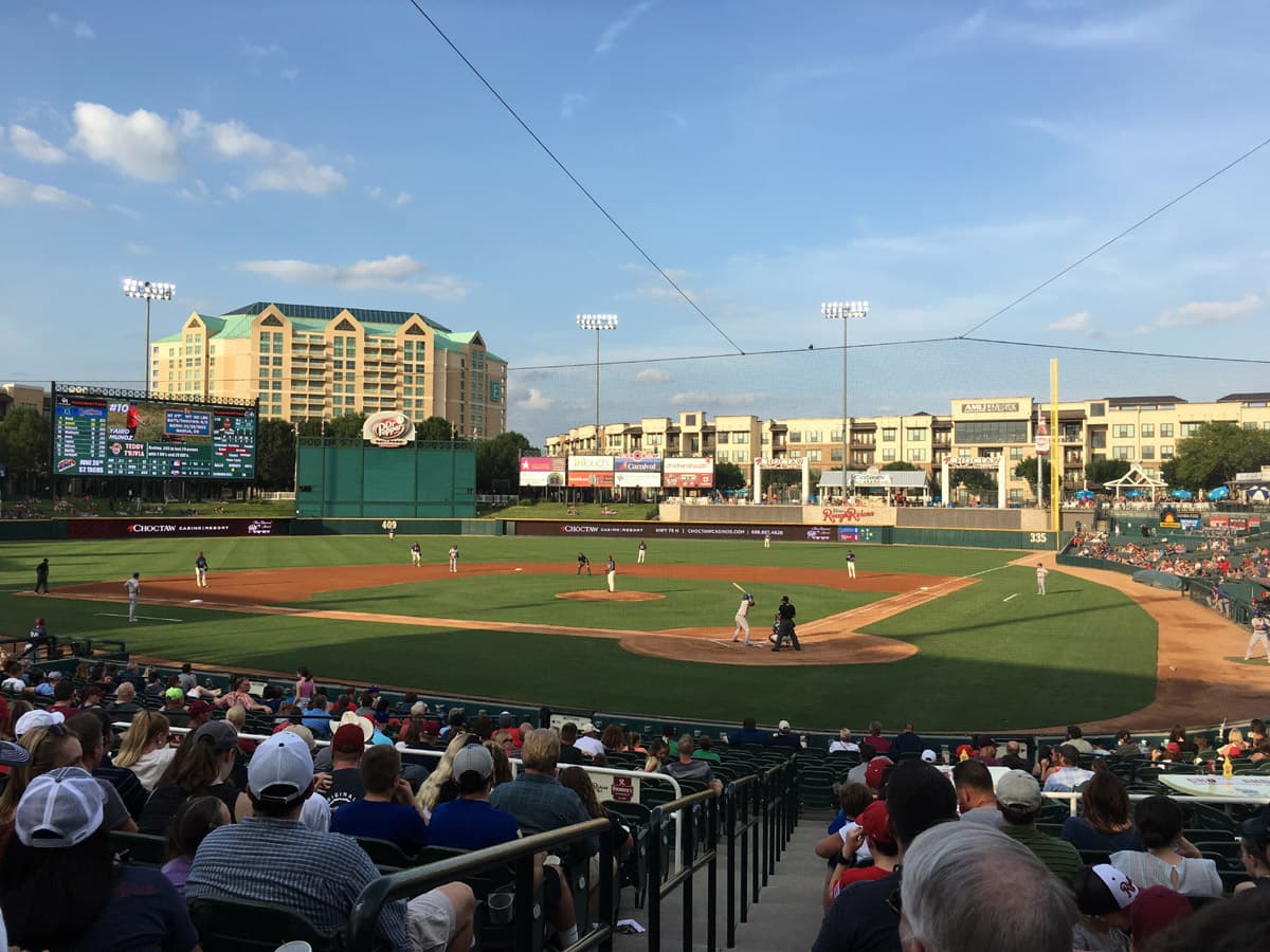 A minor league baseball game in progress at Riders Field, home of the Frisco RoughRiders