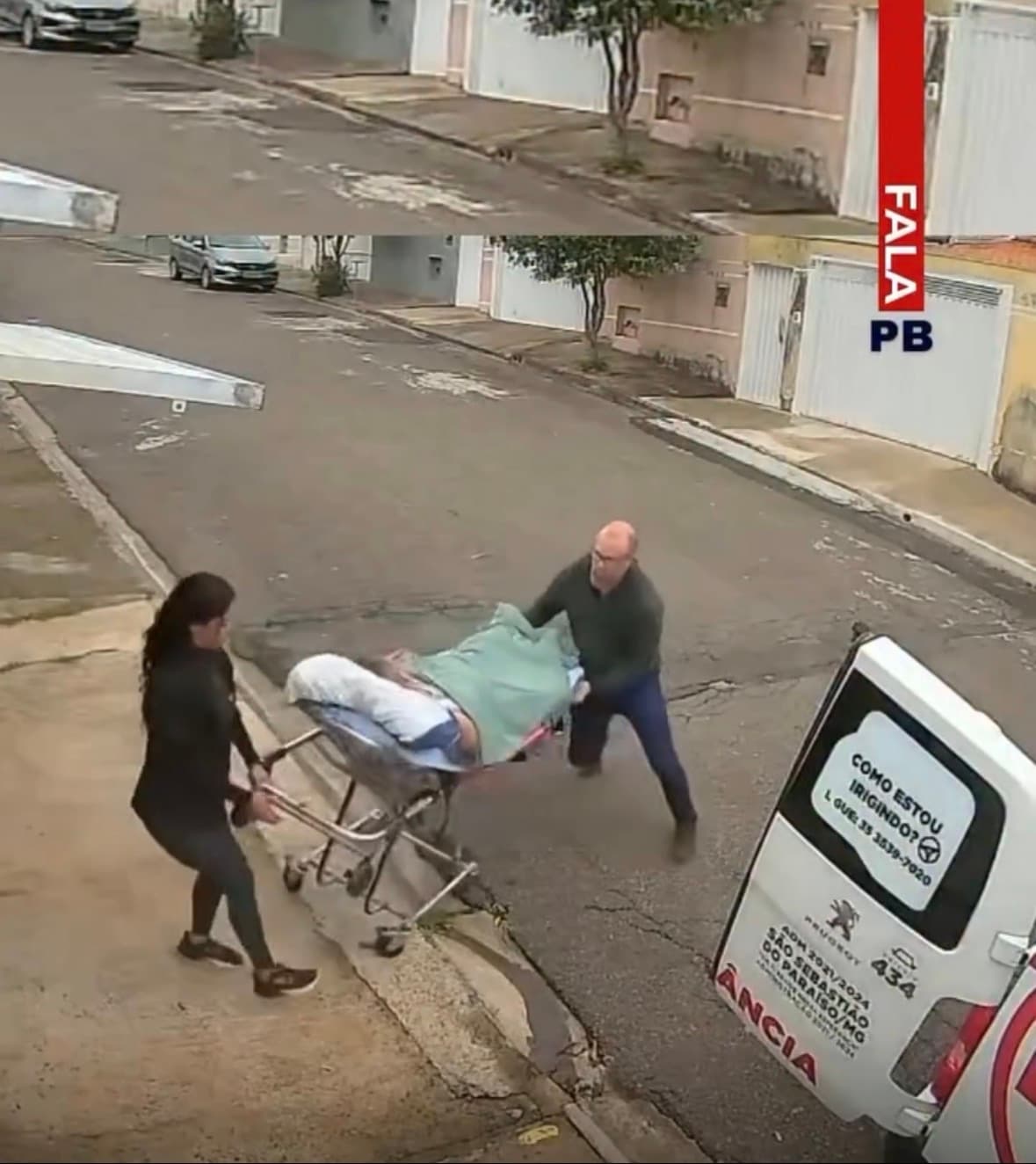 Security-camera still showing health workers and a municipal ambulance marked São Sebastião do Paraíso, MG, at the scene of a stretcher fall