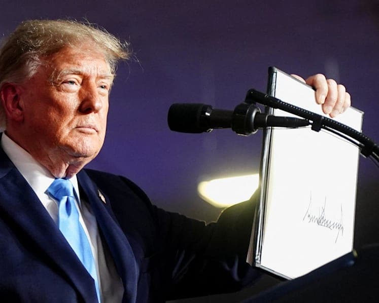 Donald Trump holds a signed executive order during a rally in Grand Island, Nebraska, as Natalie Harp stands nearby